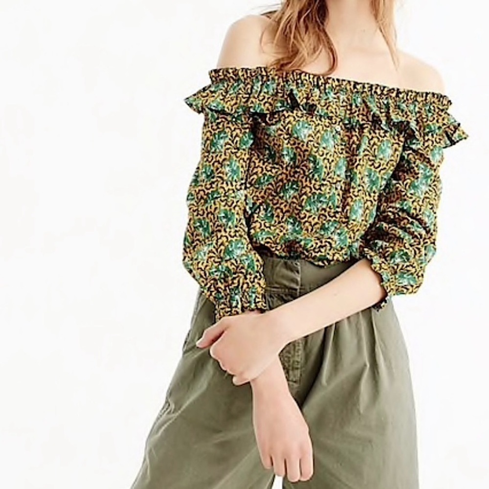 J. Crew Women’s Off The Shoulder Elephant Print Ratti Top Yellow Green Size 2